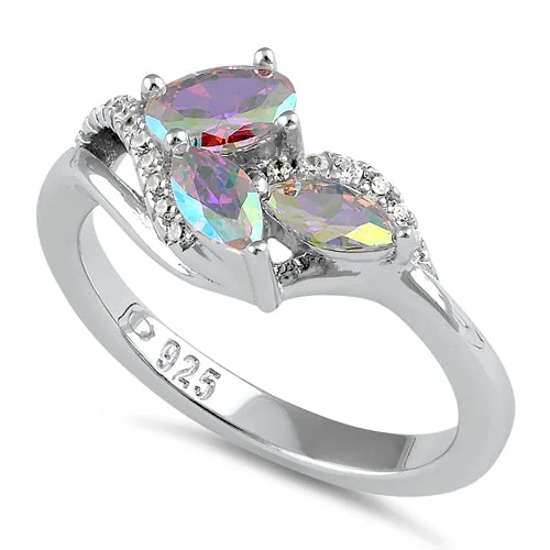 Personalized Gold Wedding Rings-Sterling Silver Iridescent Rainbow Oval and Marquise CZ Ring