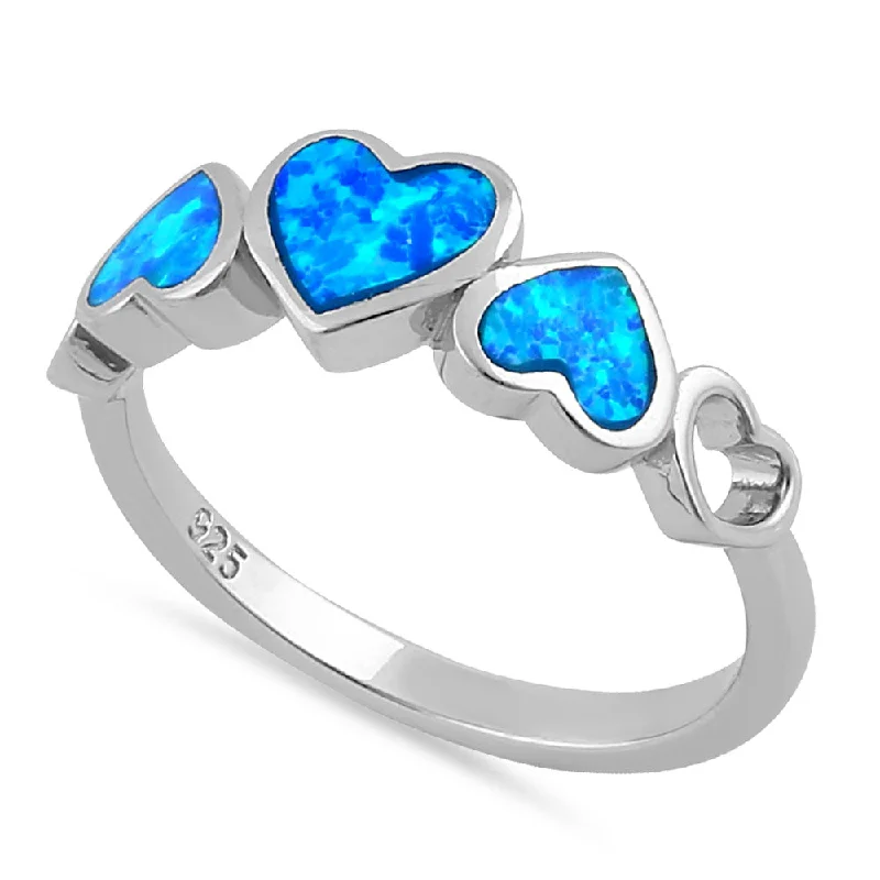 Mixed Stone Engagement Rings-Sterling Silver Blue Lab Opal Sequence of Hearts Ring