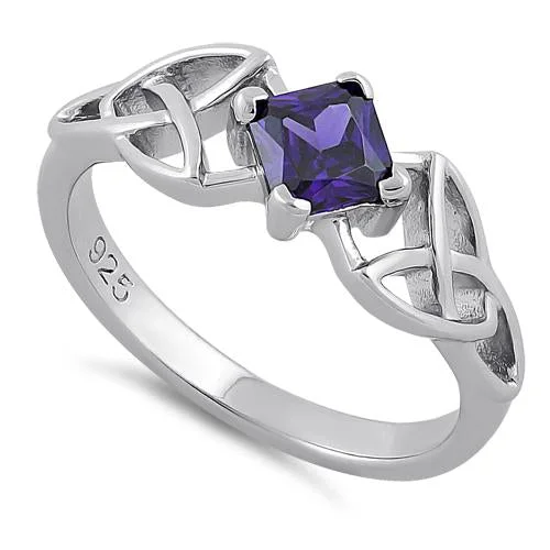 Art Deco Rings-Sterling Silver Celtic Princess Cut Amethyst CZ Ring