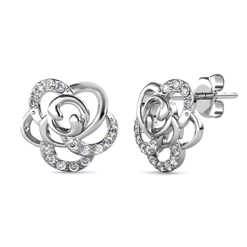 Crystal and Pearl Earrings-Briella 18k White Gold Plated Silver Flower Stud Earrings with Swarovski Crystals