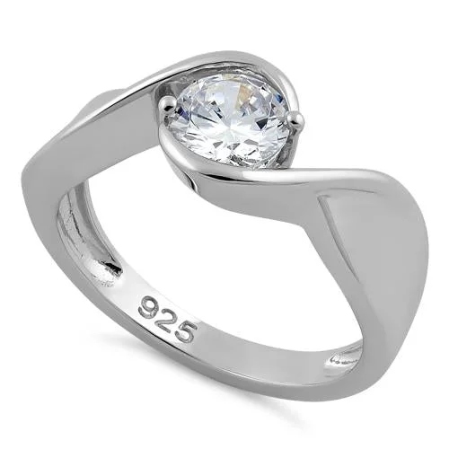 Designer Wedding Sets-Sterling Silver Twisted Round Clear CZ Ring