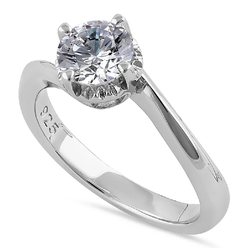 Handmade Wedding Bands-Sterling Silver Single Stone Curve Round Cut Clear CZ Engagement Ring