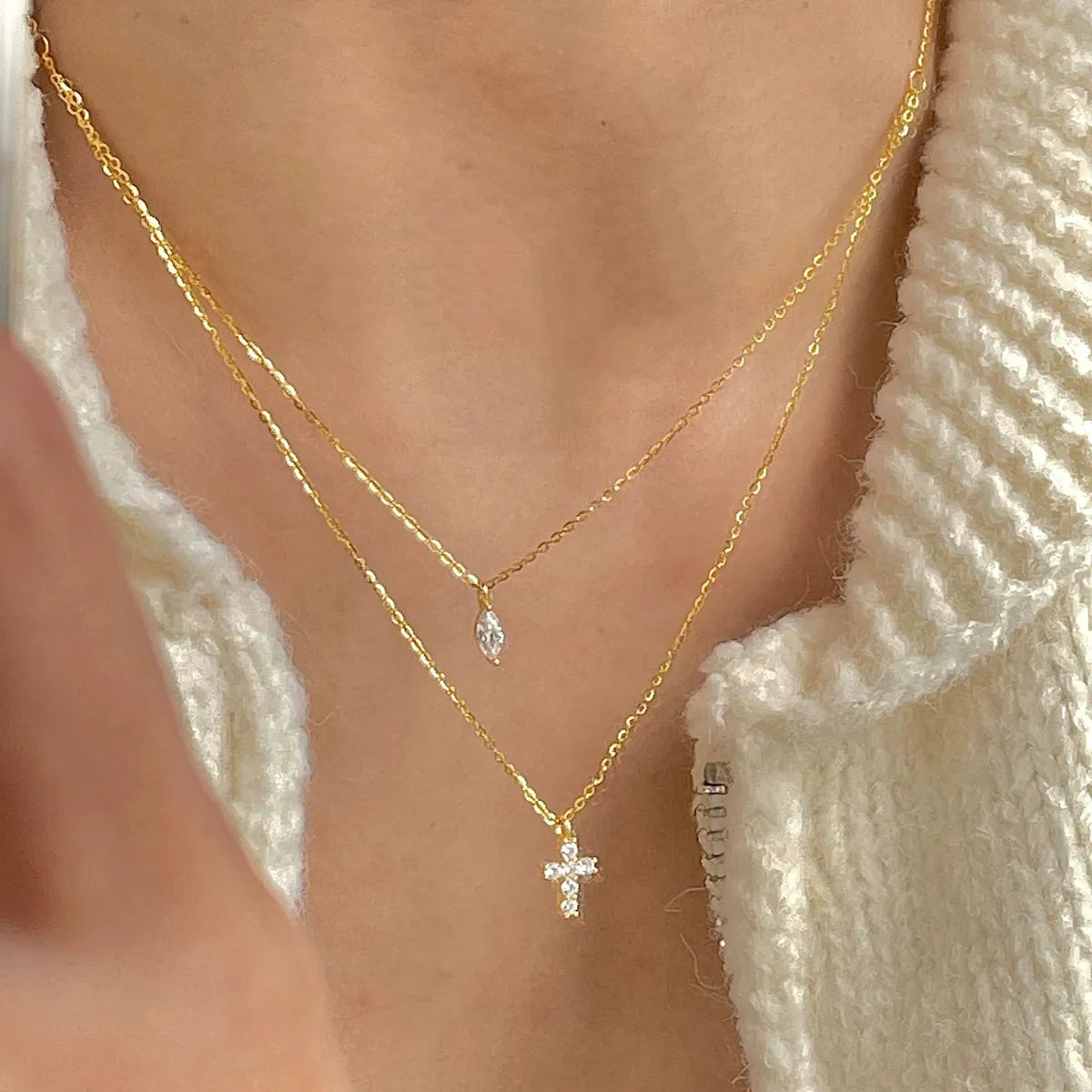 Antique Gold Necklaces-Modern Style Cross Sterling Silver Zircon Double Layer Necklaces In Bulk