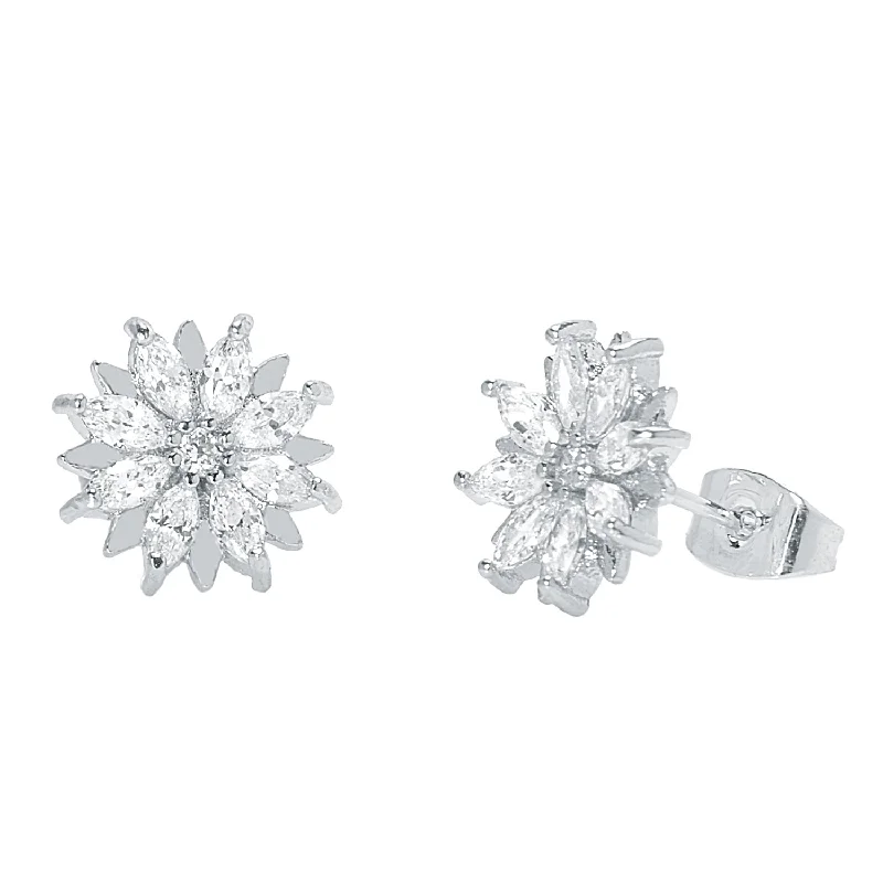 Elegant Crystal Hoop Earrings-Lily 18k White Gold Plated Flower Stud Earrings with Simulated Diamond Crystals