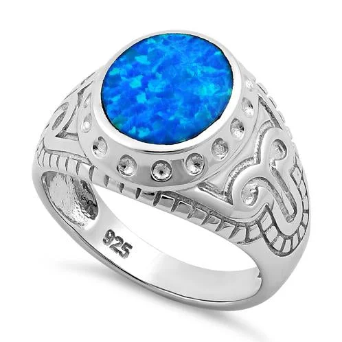 Personalized Signet Rings-Sterling Silver Oval Blue Lab Opal Ring