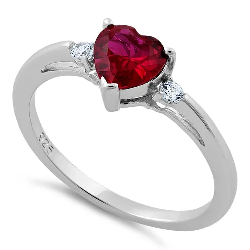 Fashion Diamond Rings for Women-Sterling Silver Ruby Heart CZ Ring