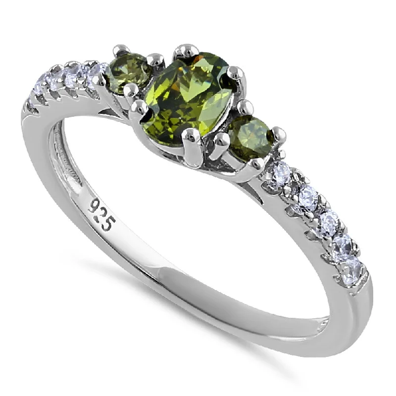 Black Stainless Steel Rings-Sterling Silver Enchanted Oval Peridot CZ Ring