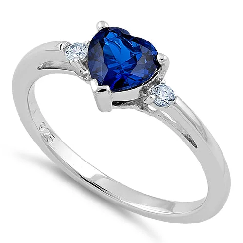 Antique Engagement Rings-Sterling Silver Blue Sapphire Heart CZ Ring