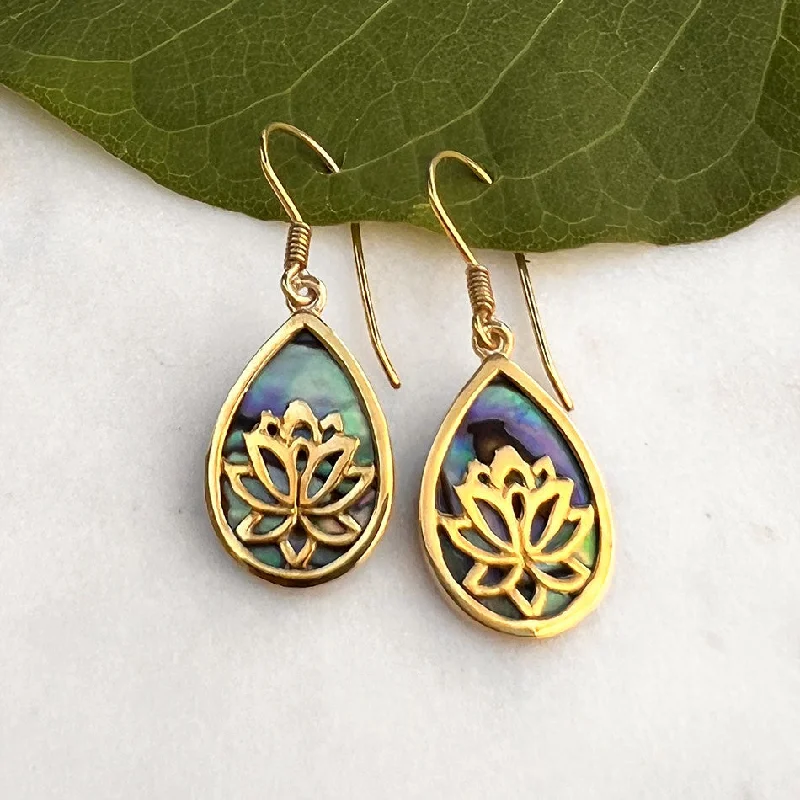 Modern Gold Earrings-Lotus Abalone Earrings - Brass, Indonesia