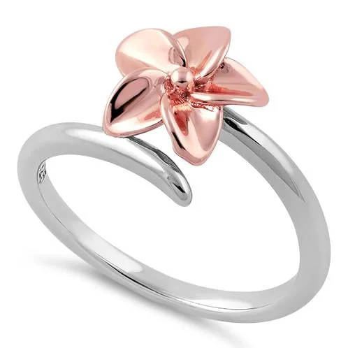 Simple Silver Engagement Rings-Sterling Silver Plumeria Two-tone Rose Gold Ring