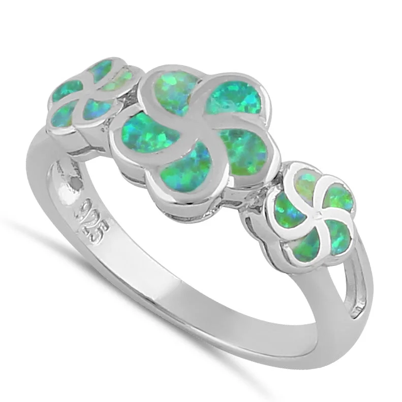 Luxury Diamond Wedding Bands-Sterling Silver Green Lab Opal Plumeria Ring