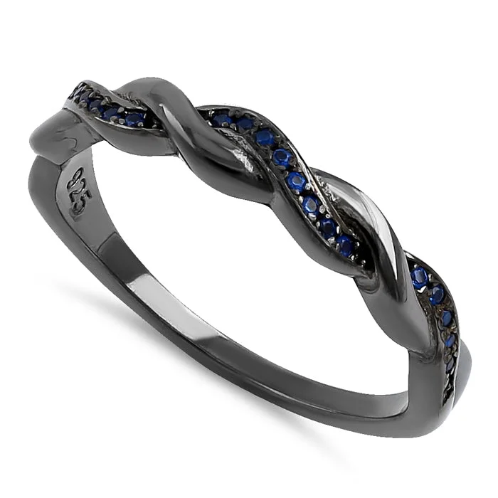 Affordable Promise Rings-Sterling Silver Black Rhodium Plated Braided with Blue CZ Ring