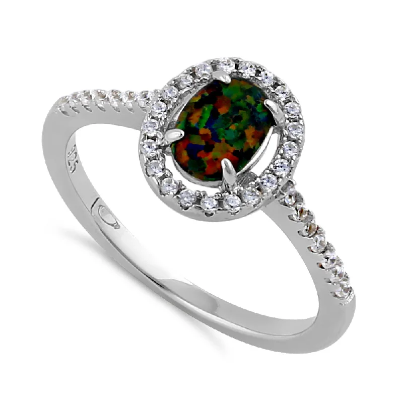 Classic Promise Rings-Sterling Silver Black Lab Opal and Clear CZ Oval Halo Ring