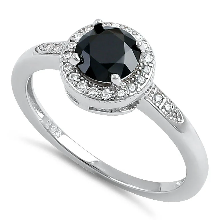 Matching Engagement Rings Sets for Couples-Sterling Silver Elegant Round Halo Black CZ Ring