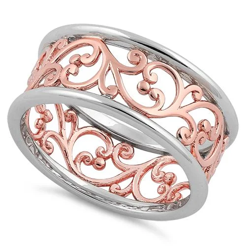 Personalized Wedding Band Sets-Sterling Silver Two Tone Rose Gold Plated Vines Band Ring