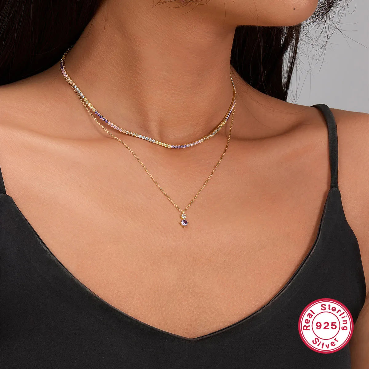 Trendy Necklaces-Sterling Silver White Gold Plated Gold Plated British Style Geometric Solid Color Inlay Artificial Gemstones Artificial Diamond Necklace