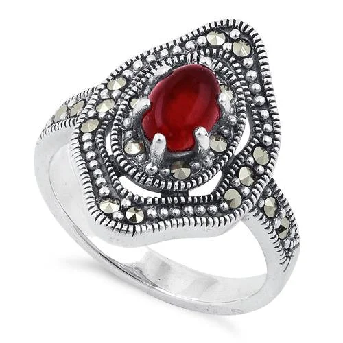 Minimalist Engagement Rings-Sterling Silver Red Agate Eye Marcasite Ring