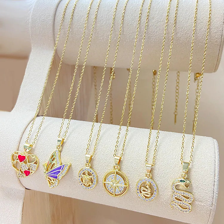 Vintage Gold Necklaces-304 Stainless Steel Copper Plating Heart Shape Zircon Pendant Necklace