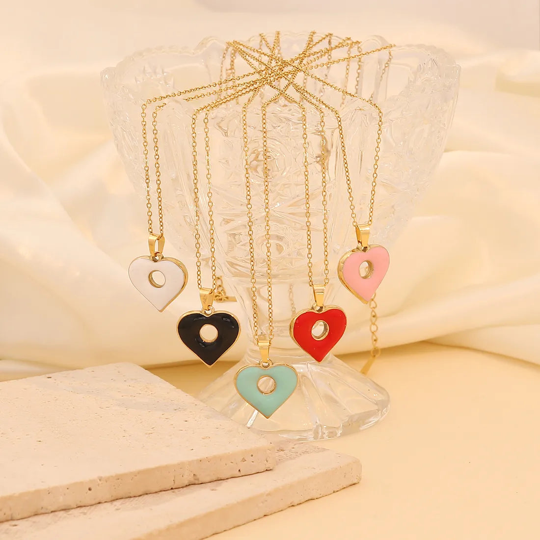 Simple Chain Necklaces-304 Stainless Steel Copper 18K Gold Plated Enamel Heart Shape