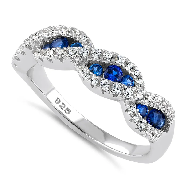 Custom Promise Rings for Women-Sterling Silver Elegant Blue Wave CZ Ring