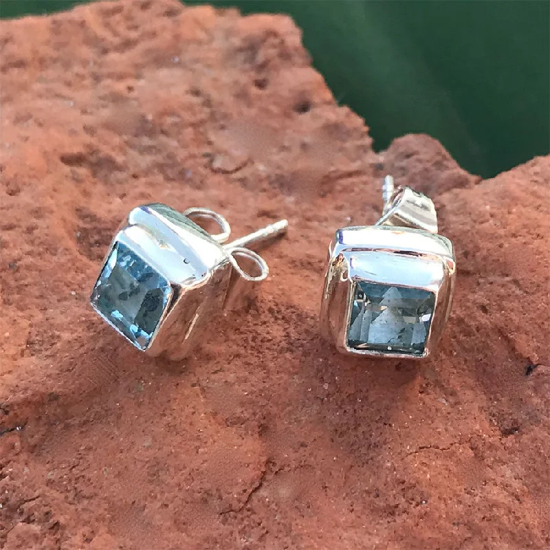 Sparkling Hoop Earrings-Blue Topaz Biru Studs, Indonesia