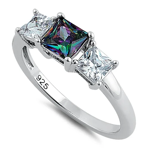 Affordable Designer Engagement Rings-Sterling Silver Triple Square Center Rainbow Topaz CZ Ring