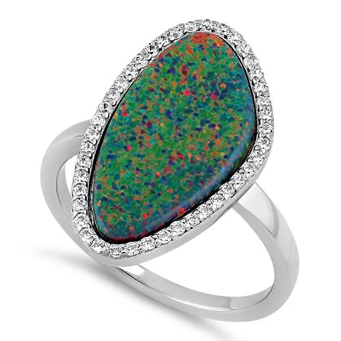 Women’s Fashion Rings-Sterling Silver Tri-Oval Black Lab Opal CZ Ring