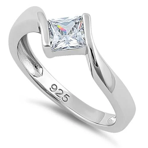 Men’s Gold Rings-Sterling Silver Clear Princess CZ Ring