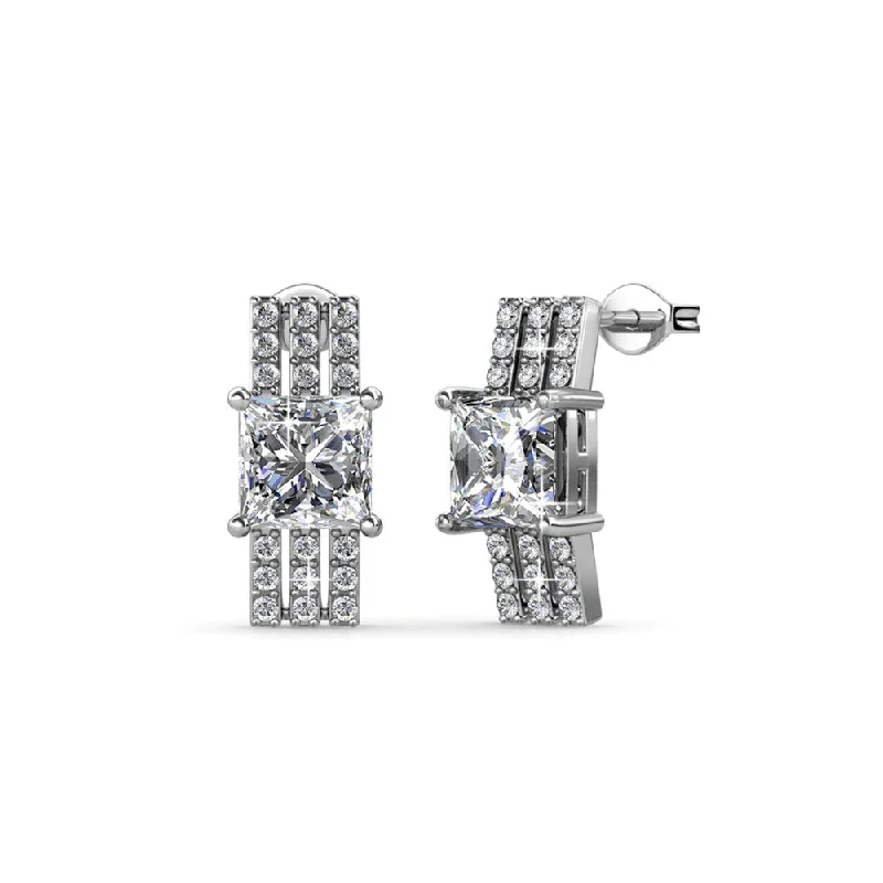 Simple Silver Hoop Earrings-Fiona 18k White Gold Stud Earrings with Princess Cut Swarovski Crystals