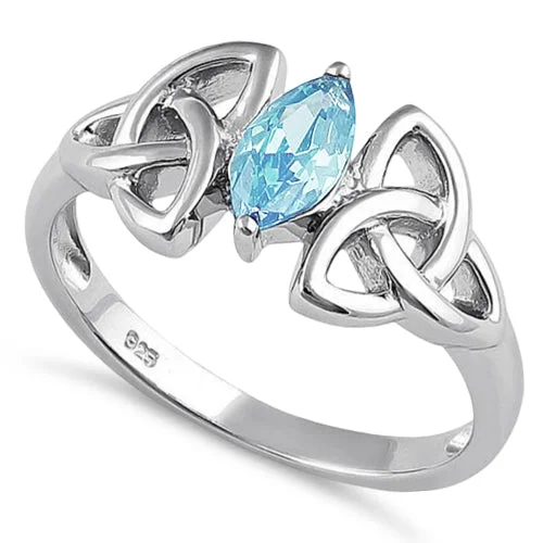 Vintage Wedding Ring Sets-Sterling Silver Double Triquetra Charmed Marquise Aquamarine CZ Ring