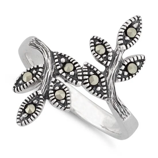 Handmade Wedding Bands-Sterling Silver Leaves Marcasite Ring