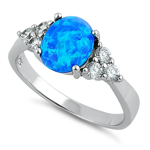 Gemstone Engagement Bands-Sterling Silver Large Oval Blue Lab Opal CZ Ring