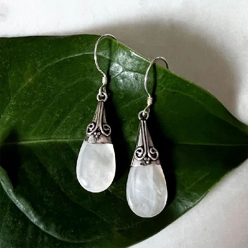 Round Gemstone Earrings-Mother-of-Pearl Filigree Earrings - Sterling Silver, Indonesia