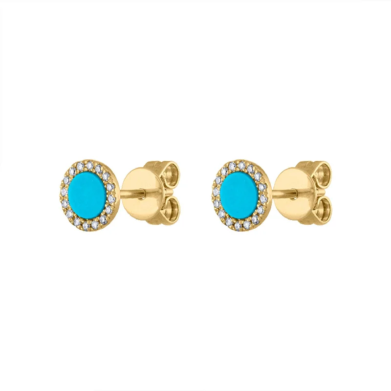 Classic Stud Earrings-14KT GOLD DIAMOND TURQUOISE DISK STUD EARRING