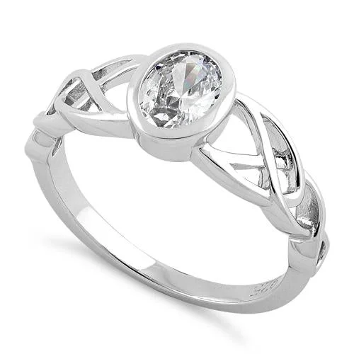 Luxury Promise Rings-Sterling Silver Oval Clear CZ Celtic Ring