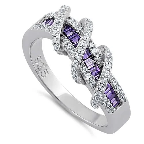 Classic Silver Wedding Rings-Sterling Silver Twisted Amethyst CZ Ring