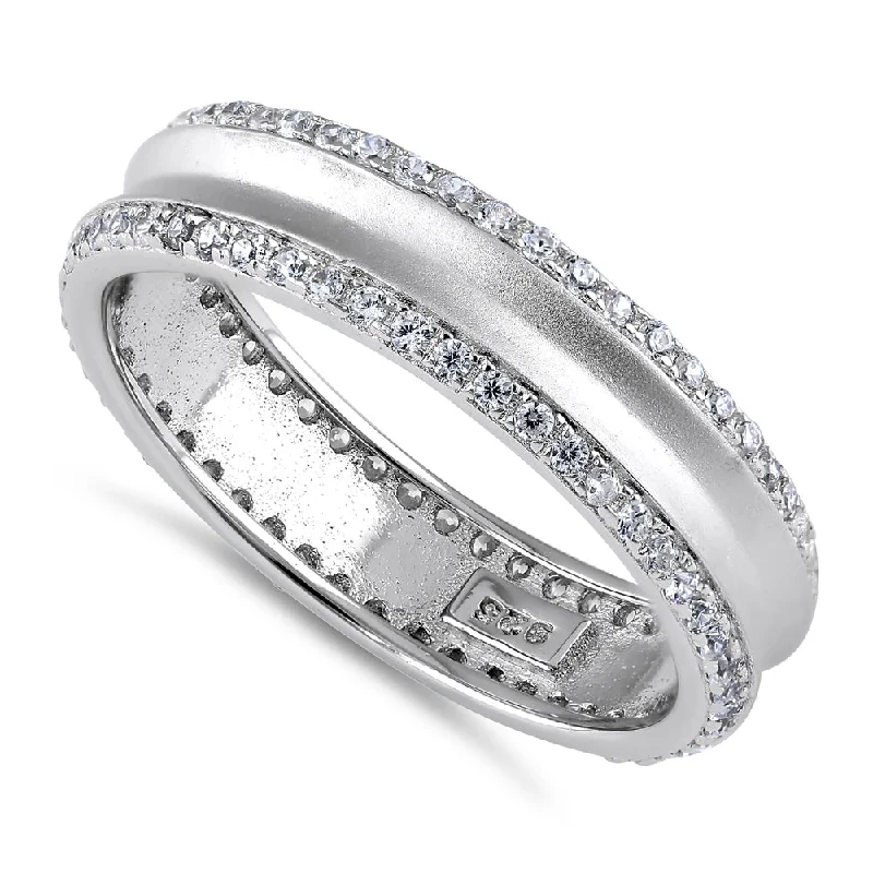 White Gold Engagement Rings-Sterling Silver Matte Line CZ Wedding Band Ring