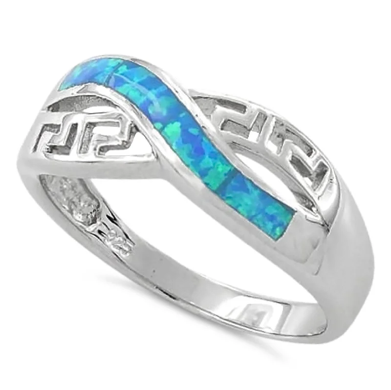 Wedding Rings with Personalized Engraving-Sterling Silver Infinity Greek Pattern Lab Opal Ring