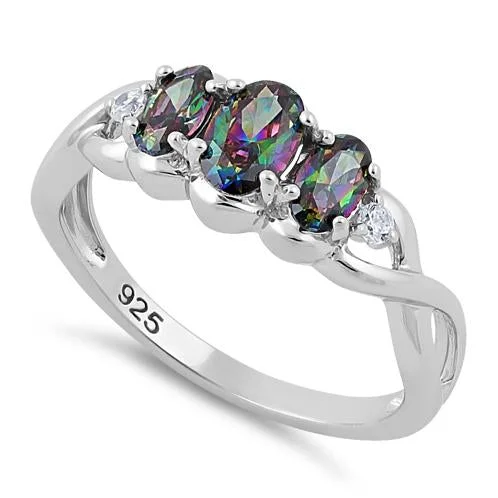 Custom Engagement Rings-Sterling Silver Triple Rainbow CZ Ring