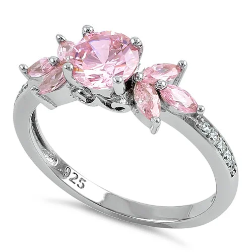 Women’s Stackable Rings-Sterling Silver Flower Leaves Pink CZ Ring