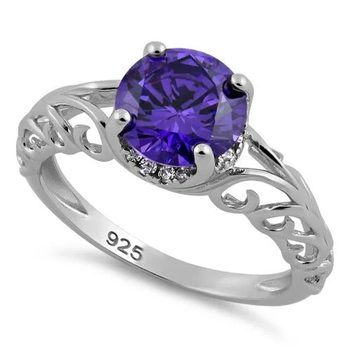 Stackable Engagement Rings-Sterling Silver Swirl Design Amethyst and Clear CZ Ring