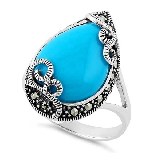 Classic Promise Rings-Sterling Silver Pear Shape Simulated Turquoise Marcasite Ring