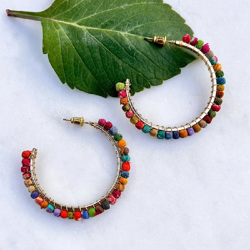 Gold Gemstone Hoop Earrings-Recycled Sari Hoops - Large, India