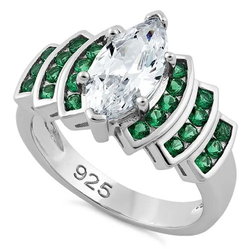 Custom Diamond Wedding Rings-Sterling Silver Emerald Spinel Marquise Clear CZ Ring