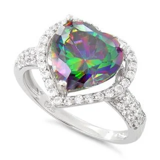 Luxury Promise Rings-Sterling Silver Rainbow CZ Halo Ring