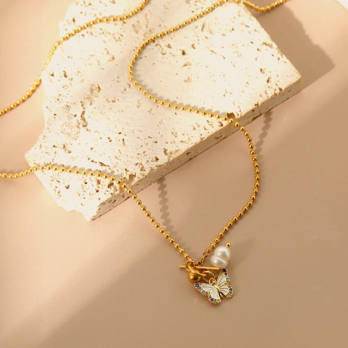 3D Printed Necklaces-304 Stainless Steel Copper 18K Gold Plated Inlay Butterfly Freshwater Pearl Copper Zircon Pendant Necklace