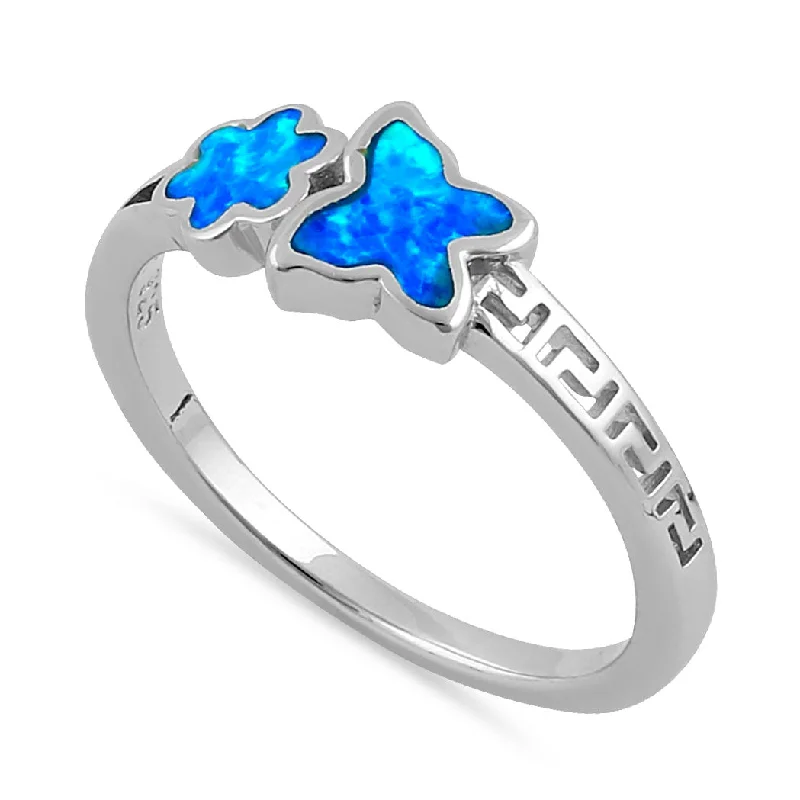 Vintage Diamond Rings-Sterling Silver Blue Lab Opal Greek Butterfly Flower Ring