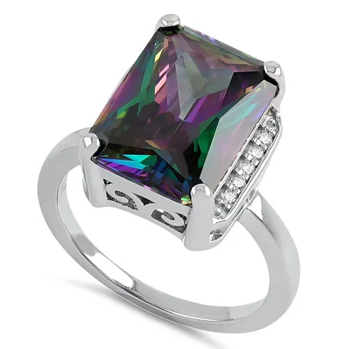 Gemstone Engagement Ring Sets-Sterling Silver Big Rainbow Rectangle CZ Ring