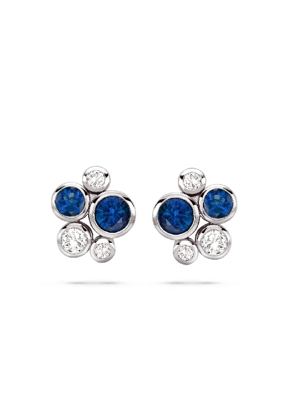 Large Silver Earrings-Raindance Sapphire Platinum Cluster Stud Earrings