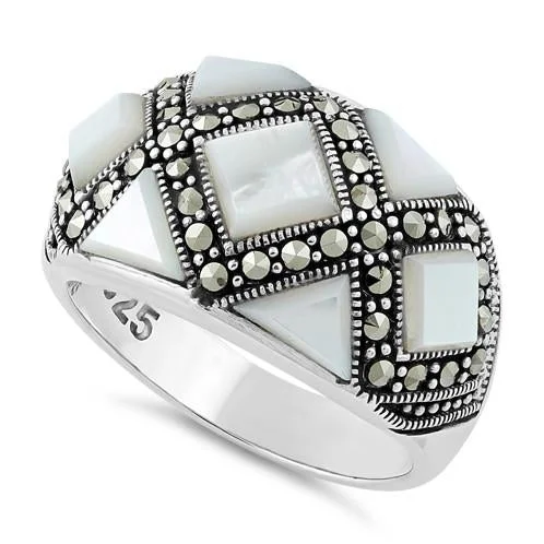 Designer Engagement Rings with Diamonds-Sterling Silver Mother of Pearl Pattern Marcasite Ring